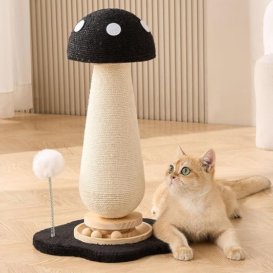 21.5‘’ H Cat Scratching Post with Catnip,Cute Mushroom Cat Scratcher Post with Durable Natural Solid Wood Turntable Toy, Solid Black Mushroom Shape Cat Toy Cat Sisal Scratcher for Indoor Cats