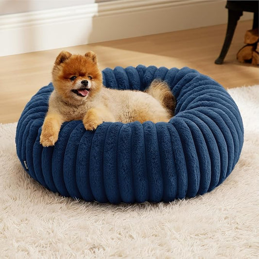 Bedsure Donut Small Dog Bed - Dog Beds for Small Dogs with Corduroy Fleece & Anti Slip Bottom, Round Faux Fur Pet Beds with Washable Removable Cover, Night Blue, 23x23x7 inches