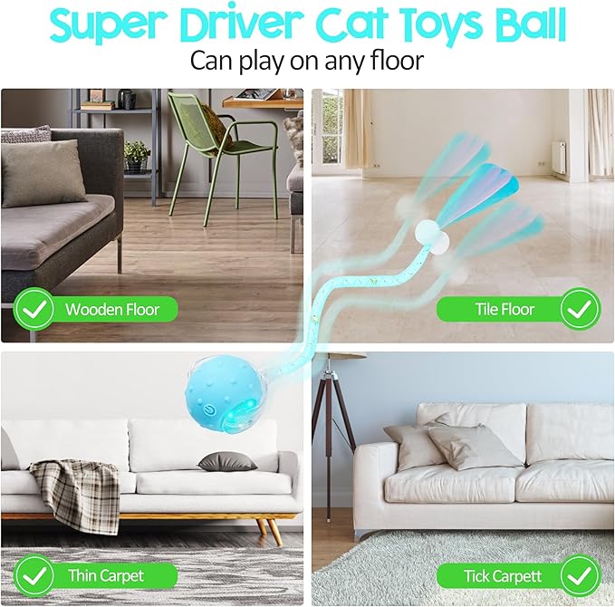 Interactive Cat Toys Ball for Indoor Cats, 2025 New Generation Automatic Moving Ball Toy with Elastic Mesh Tail, Chirping & Obstacle Avoidance and Motion Activated, Blue