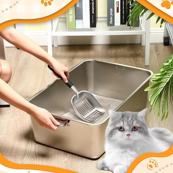 Lallisa 3 Set 201 Stainless Steel Cat Litter Box Set with Handle and Scooper (23.6" x 15.7" x 7.9") Large Nonstick Metal Litter Pan Box for Large Cats Nonstick Never Absorbs Odor