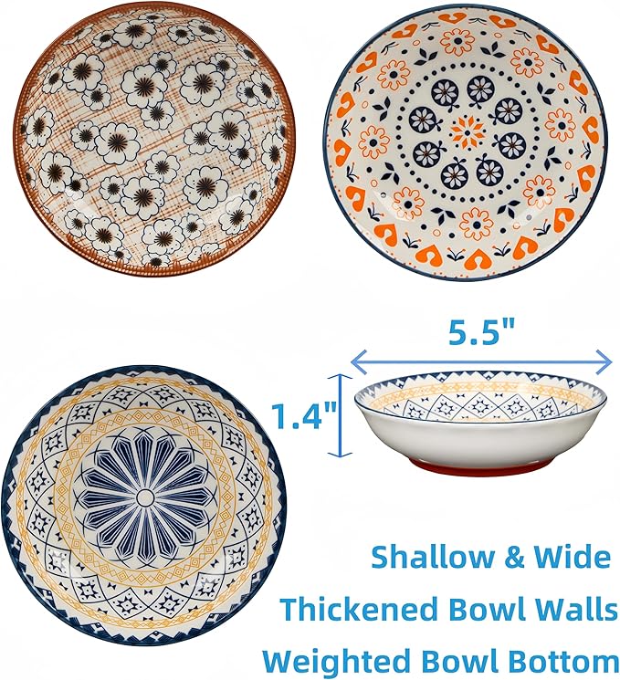 3-Pack Ceramic Cat Food Bowl, Non-Slip Whisker Fatigue Cats Bowl, 5.5” Shallow Dish for Food, Boho Flat Kitten Bowls, Small Kitten Plates for Indoor Cats with Silicone Bottom
