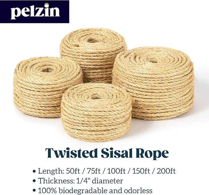 Natural Sisal Rope for Cat Scratcher 1/4 Inch by 100 Feet, Cat Tree Rope Twine for Cat Scratching Post Replacement, Cat Tower with Scratch Post Repairing, Replace, Recovering and DIY, Natural