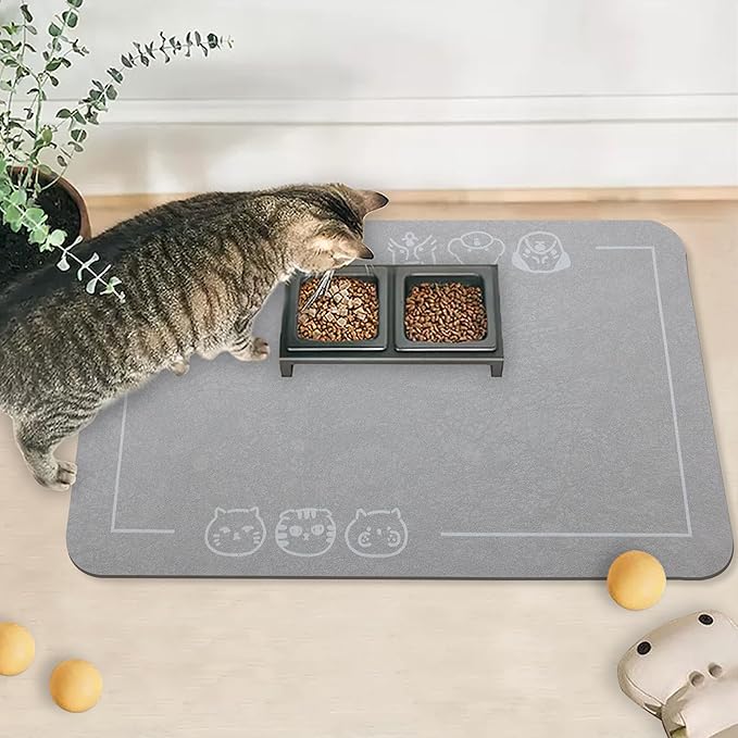 YCT Pet Food Mat, Non-Slip Bottom Absorbent Quick Dry Cat & Dog Feeding Mat, Pet Supplies, 16.9"x24" Gray