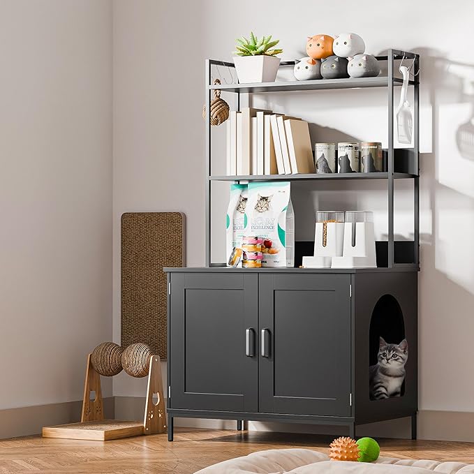 Cozy Castle Litter Box Enclosure, 57'' Cat Litter Box Furniture with Large Cabinet, Shelves and 4 S-Hooks, Hidden Cat House for Most of Litter Boxes, Wooden Pet Washroom Indoor, Black