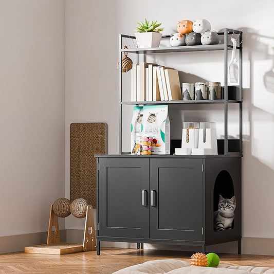 Cozy Castle Litter Box Enclosure, 57'' Cat Litter Box Furniture with Large Cabinet, Shelves and 4 S-Hooks, Hidden Cat House for Most of Litter Boxes, Wooden Pet Washroom Indoor, Black
