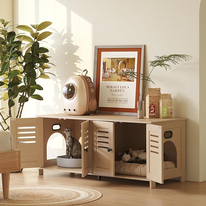 DINZI LVJ Litter Box Enclosure for 2 Cats, Hidden Litter Box Furniture with Double Rooms, Dual Pet House with Good Ventilation, 47.2" Hidden Cat Washroom, Wooden Cabinet, Easy Assembly, Natural