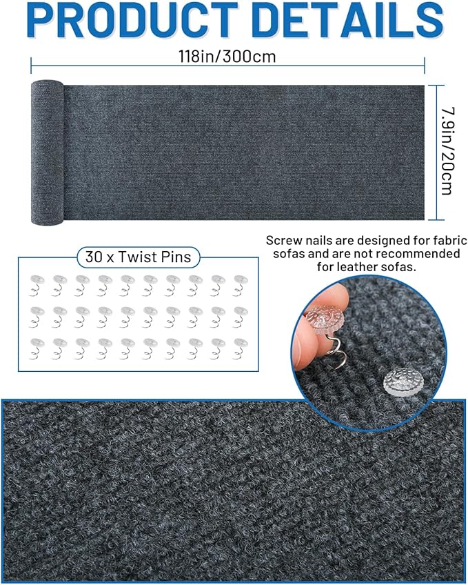 Cat Scratch Couch Furniture Protector, 78.7" x 15.8" Self-Adhesive Cat Scratch Mats, Trimmable DIY Cat Scratcher Pads for Wall, Couch Corner, Cat Tower and Replacement Pads (Gray)