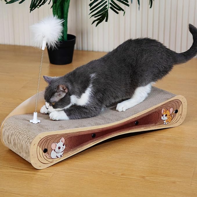 Cat Scratcher Lounge Bed, Reversible 2-in-1 Cardboard Scratching Board, Durable Curved Cat Scratch Pad for Indoor Cats with Toy, Cartoon Pattern