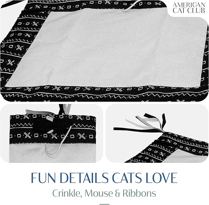 Reversible Crinkle Cat Mat with Mouse Toy – Black Mudcloth Pattern, Interactive Crinkle Play Mat for Cats, 18” x 13”