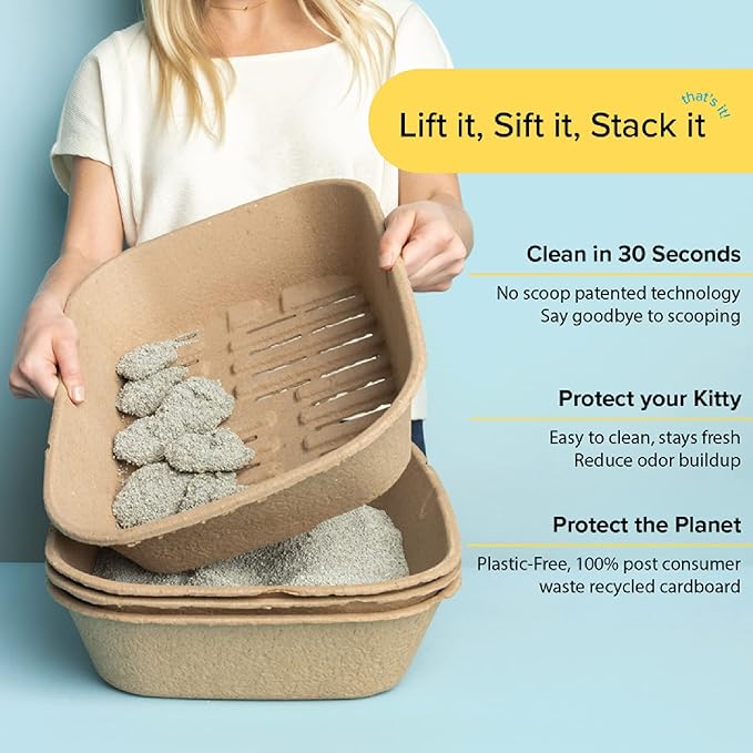 Kitty Sift (Set of 1 Litter Box, 3 Sifting Liners, & 1 Shield) Sustainable, Clean, Sifting, Disposable Cat Litter Box with Shield - Large, 5-Set Kit