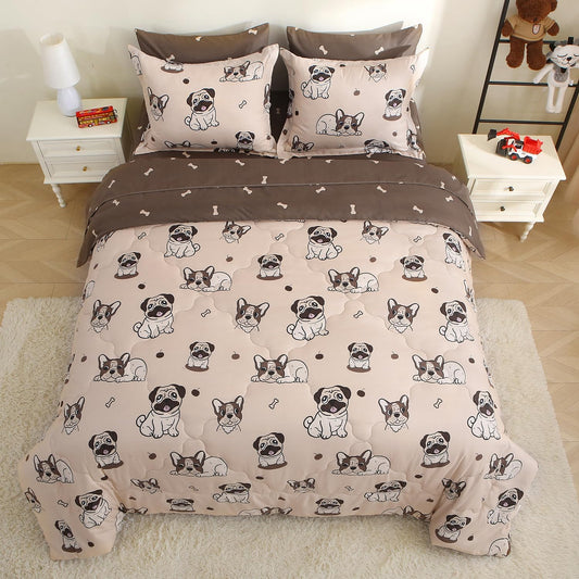 Kids Comforter Set 7 Piece Bedding Cute Dog Cartoon Animal Bed Microfiber Comforter Full Size All Season (1 Comforter, 1 Flat Sheet, 1 Fitted Sheet, 4 Pillowcase)