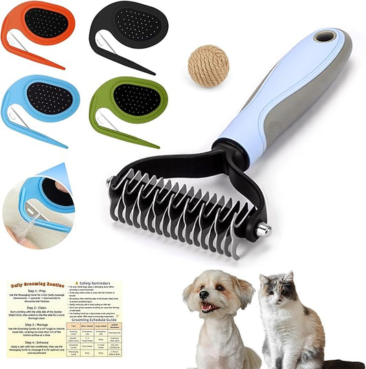 Upgraded Cat & Dog Knotting Comb + Grooming Kit – Hidden Blade Safe Tangle Remover, Non-Slip Handle, Includes 4 Knotting Combs & 1 Pet Grooming Brush