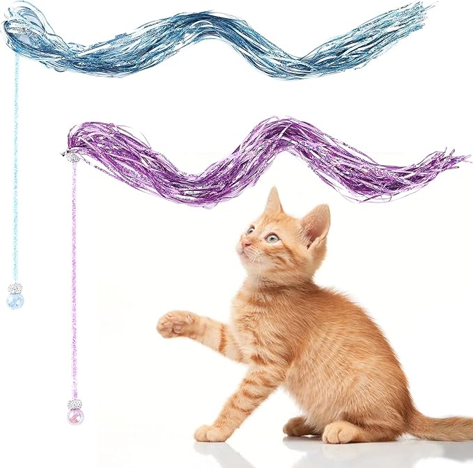 2PCS Cat Wand Toy, Interactive Cat Toy with Shiny Tassel and Loud Jingle Bell, Crystal Beaded Crown Cat Feather Replacements for Indoor Cats Kitten Play Chase Exercise, 26 Inch Long