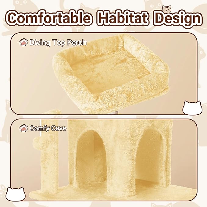 Cat Tree, 54-Inch Cat Tower for Indoor Cats,Plush Multi-Level Cat Condo with Scratching Posts, Basket, Perches,2 Caves,2 Pompoms(Beige)