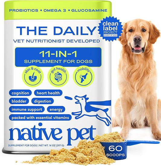 Native Pet Dog Vitamins & Supplements - 11-in-1 Multivitamin Powder for Dogs Food Topper - Collagen, Glucosamine, Probiotics, Omega & More- Supports Healthy Gut, Mobility & Overall Health -60 Scoops