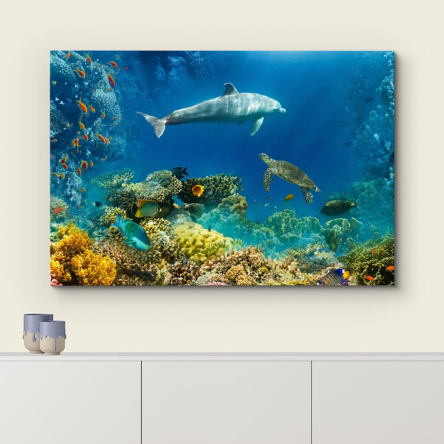 wall26 Canvas Print Wall Art Tropical Ocean Underwater Dolphin Coral Reef Nature Animals Photography Realism Rustic Scenic Landscape Wilderness Colorful for Living Room, Bedroom, Office - 24"x36"