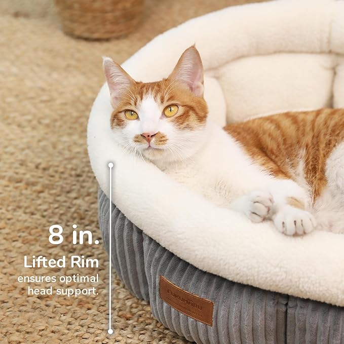FUKUMARU Cat Bed, Washable Round Cat Beds for Indoor Cats, Soft Fluffy Corduroy Pet Bed for Cats and Puppy, Cute Small Dog Beds, Grey