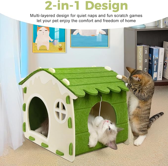 Babepets Cat House for Indoor Cats, Medium Felt Bed Cave with Ball Hanging, Foldable Detachable Cats Condo, Scratch Resistant Hideaway for Multiple Pets up to 20Lbs, House Cat Playhouse, Army Green