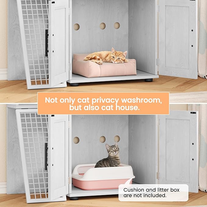 Cat Litter Box Furniture, Modern Cat Cabinet with Side Door, Double Layer Hidden Litter Box Enclosure & Pet House, Villa Style Cabinet with Side Door and Ladder for Indoor Cats