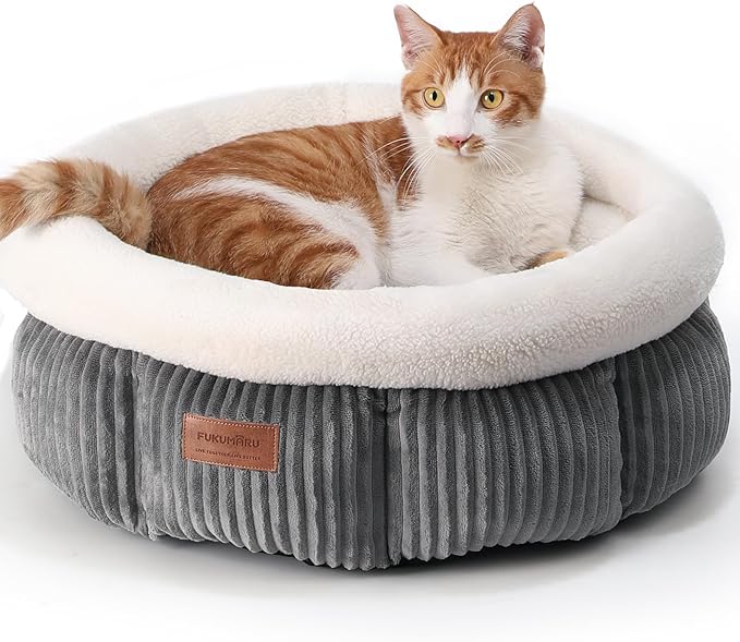 FUKUMARU Cat Bed, Washable Round Cat Beds for Indoor Cats, Soft Fluffy Corduroy Pet Bed for Cats and Puppy, Cute Small Dog Beds, Grey