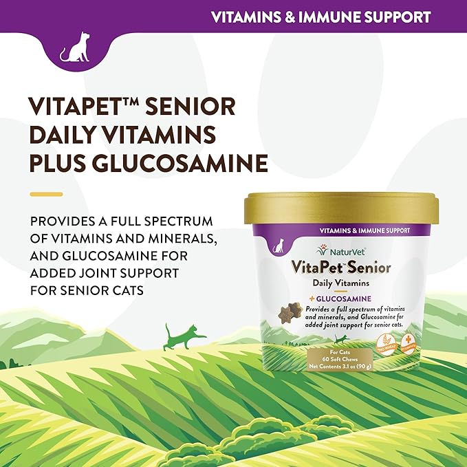 NaturVet VitaPet Senior Daily Vitamins for Cats Plus Glucosamine, Specifically Formulated to Provide Essential Minerals, 90 g, 60 Count