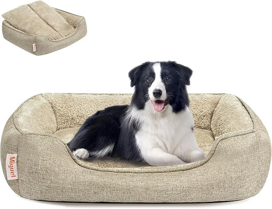 Miguel Faux Linen Dog Bed with Removable Cushion Pillow for Medium Small Dogs, Washable Pet Bed with Side Easy to Wash Puppy Bed, Rectangle Cat Bed for Indoor Cat with Anti-Slip Bottom, Beige 35 Inch