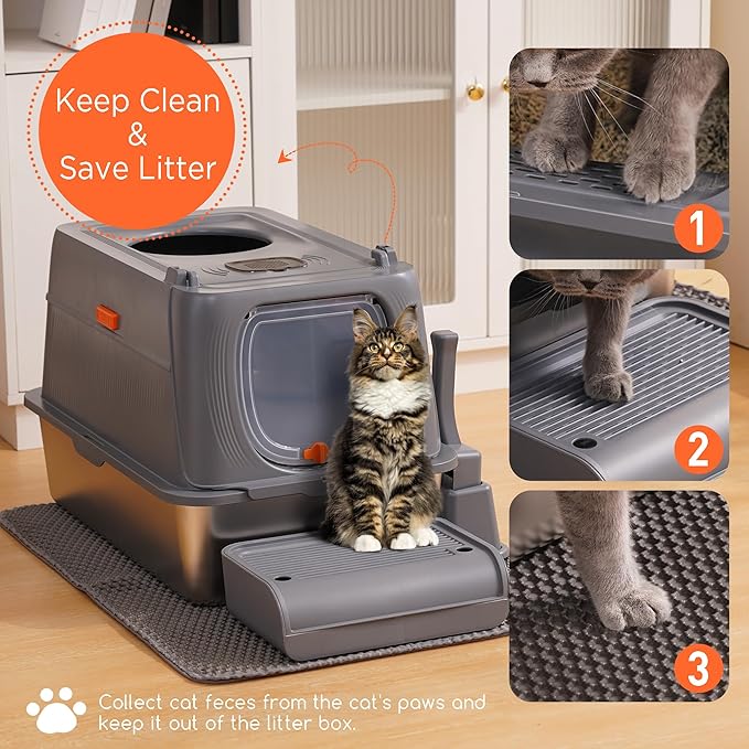 Citylife Stainless Steel Cat Litter Box with Lid, Front & Top Entry Extra Large Metal Kitty Litter Box Enclosure with Scoop & Double Layer Mat, Anti-Leakage, Non-Sticky, Dark Grey