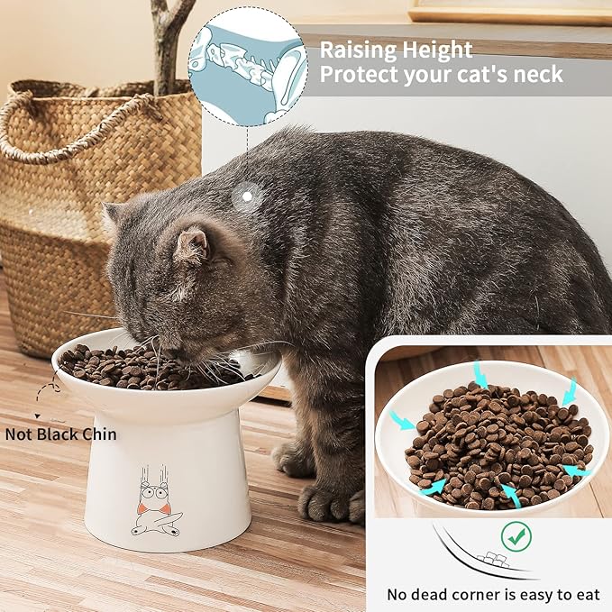 OMAYKEY 6.5 Inch Extra Wide Ceramic Raised Cat Bowls, Upgraded Elevated Porcelain Cat Food Water Bowl Dish, Stress Free Pet Feeder Bowls Dishes for Elder Big Cats & Small Dogs, White