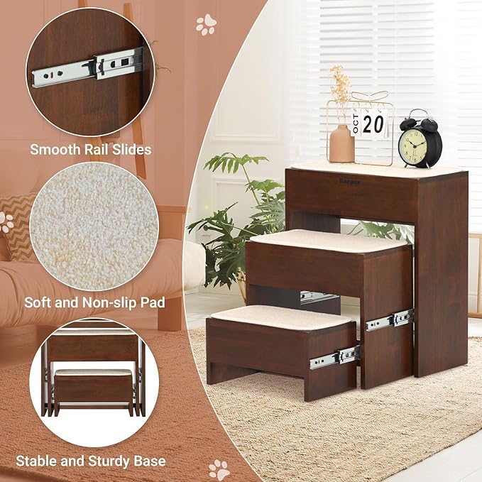 Dog Steps for Bed, 21 Inch Foldable Pet Stairs, Wooden Furniture Style Cat Stairs for Couch, No Installation 3 Tier