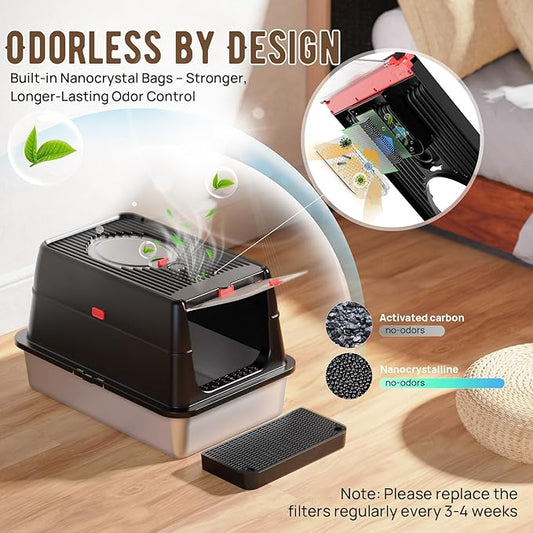 Stainless Steel Litter Box: Enclosed Cat Litter Box with Flip Lid Self Cleaning and High Sided Top Entry Design, XL Extra Large Metal Kitty Litter Pan Tray for Big Cats, Built-in Carbon Filter Pouch