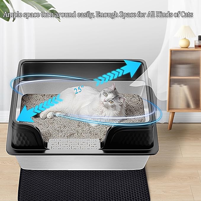 Vealind XXL Stainless Steel Cat Litter Box High Sided with Lid 23.7" L x 16" W x 12" H Side Entry Extra Large Metal Cat Litter Pan with Scoop and Mat for Big Cats Black