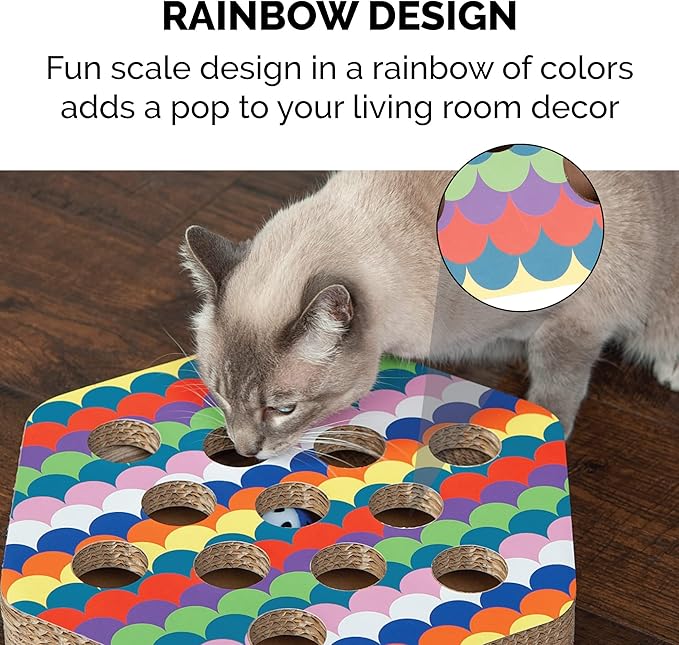 Furhaven Scratching Pad Ball Track Cat Toy w/ Catnip for Indoor Cats - Hexagonal Busy Box Scratcher - Rainbow Scales, One Size