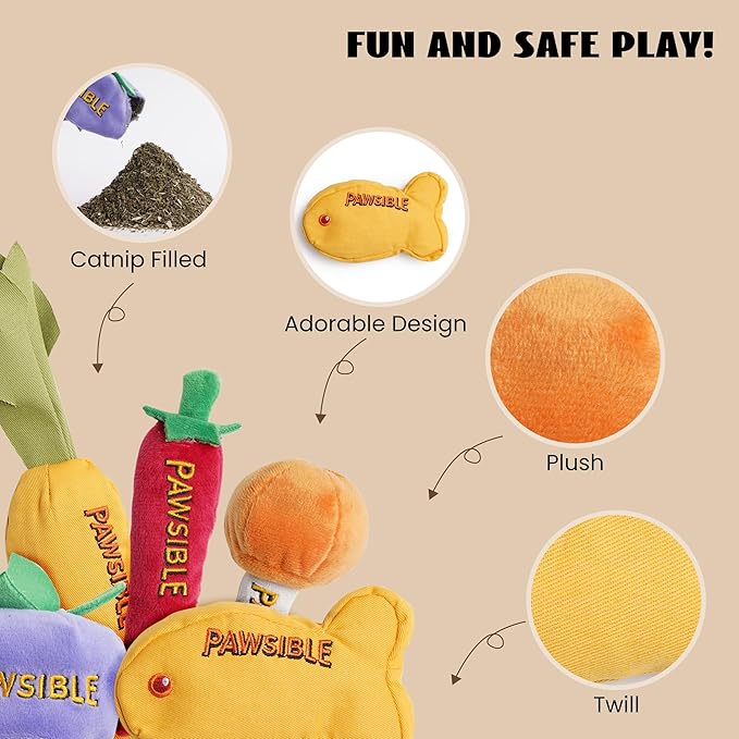 5 Pack Catnip Toys for Indoor Cats, 100% Pure Organic Catnip Filled with No Cotton, Teething Kicker Chew Toys for Kittens & Cats (Food Shape)