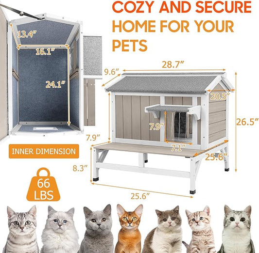 Insulated Cat House Outdoor with Balcony All-Round Insulation Weatherproof Outside Feral Cat Shelter for Winter, Wooden Pet House with Raised Base and Openable Roof for Cats & Small Animals