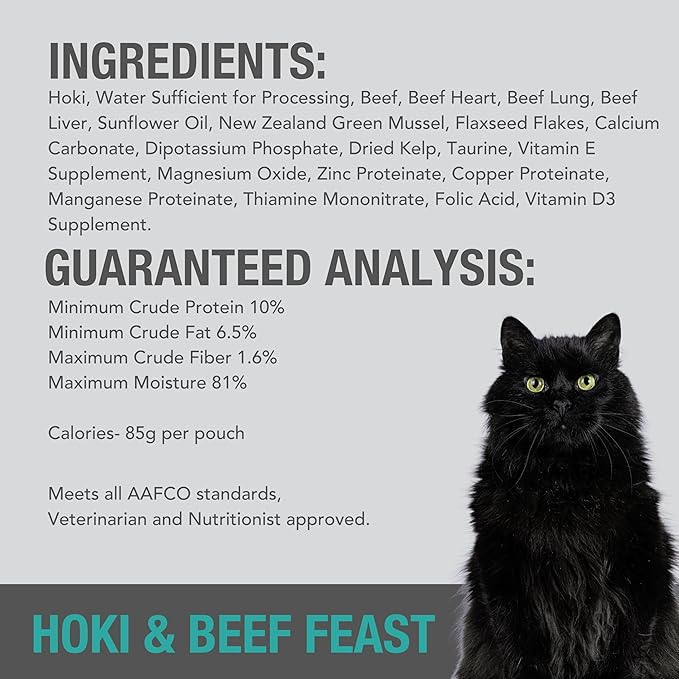 Feline Natural Wet Cat Food Pouch - Hoki & Beef Feast, Grain-Free, Grass-Fed & Sustainably Sourced Wet Food for Cats - Made in New Zealand, 3oz Pate, 12 Count Pack