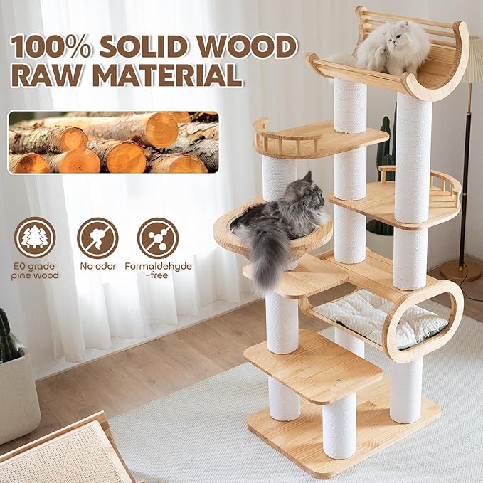 74.8'' Tall Modern Cat Tree for Indoor Large Cats,Luxury Pine Wood Cat Tower for Home Decoration,Multi-Level Huge Cat Furniture with Condo,Clear Bowl,Scratching Posts for Multi-Cat Household