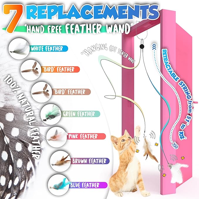 Retractable Cat Feather Toys 7PCS Refills with Bell, Interactive Doorway Hanging Teaser Toys for Indoor Cats, Kitten Play Exercise Feather Teaser Wands