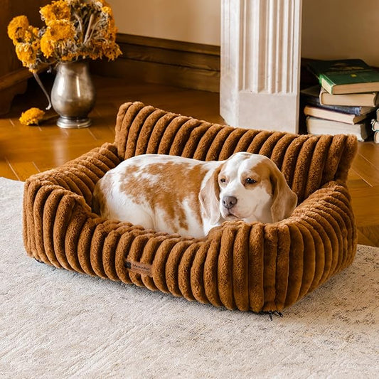 MEWOOFUN Dog Couch Bed, Fluffy Small Dog Bed with Removable Washable Cover, Supportive Cat Couch for Cats & Dogs up to 25 lbs (Brown, 30x21x12)