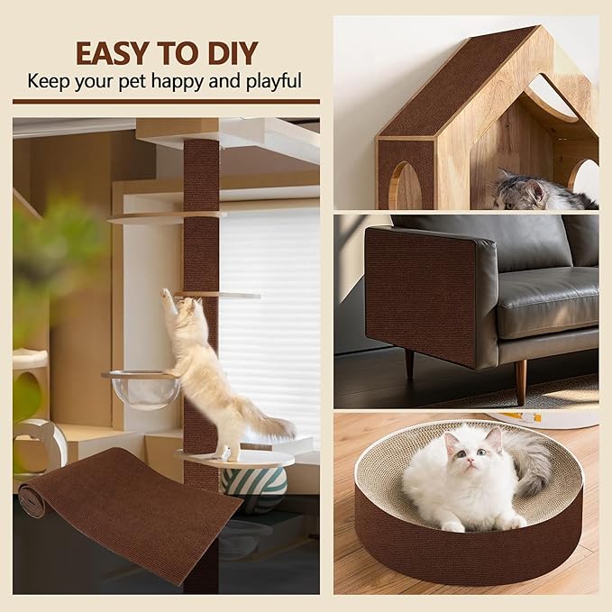 Cat Scratch Furniture Protector, 39.4"x15.8" Self Adhesive Cat Scratch Mat Pad,Cut to Fit DIY Replacement Carpet for Tree,Wall,Bed,Door, Couch Protector (Brown)