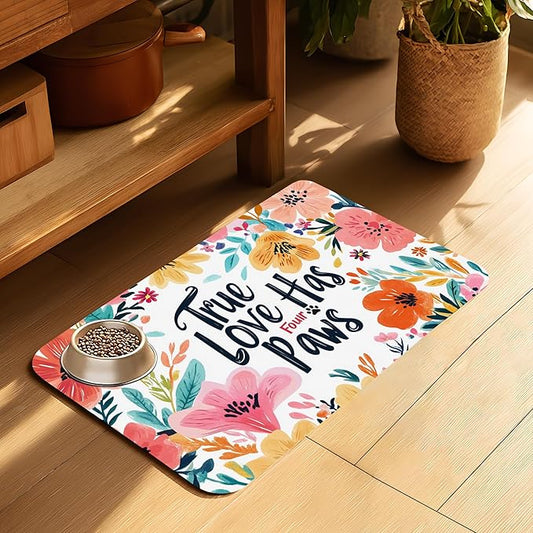True Love Floral Dog Cat Food Mat-Absorbent Placemat for Food and Water Bowl, Waterproof Non Slip Rubber Backing Dog Food Mats for Floors, Pet Supplies 12 * 20 inch