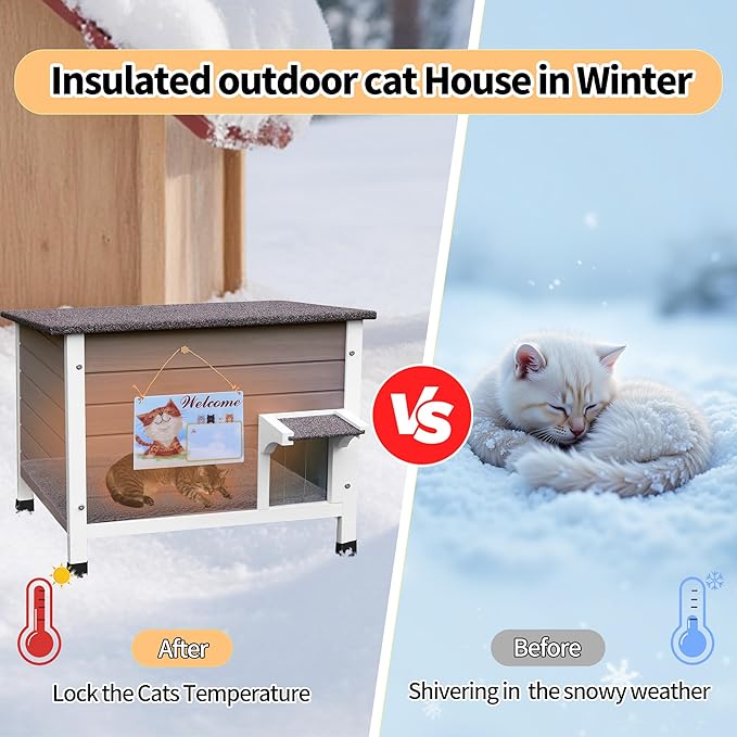 Rockever Outdoor Cat House, 100% Insulated Cat House for Outdoor Cats Weatherproof Feral cat House for All-Round Foam Layers Filling (Grey-with Cover, L)