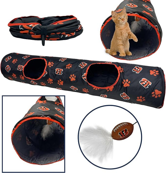 NFL Cincinnati Bengals Cat Tunnel Tube Toy with Plush Football Catnip and Feathers Collapsible Tunnel for Cats to Play, Peek and Hide, Sporty & Fun Cat Tunnel Toy with Team Logo All-Over Design!