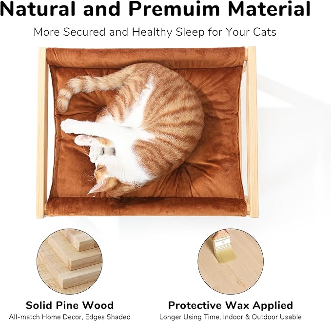 FUKUMARU Cat Bed with Removable Cover, Plush Velvet Couch for Indoor Cats, Wooden Feline Hammock, 21 x 16.5 Inch Kitten Sofa, Suitable for Kitty, Dog, Bunny and Small Animal, Brown
