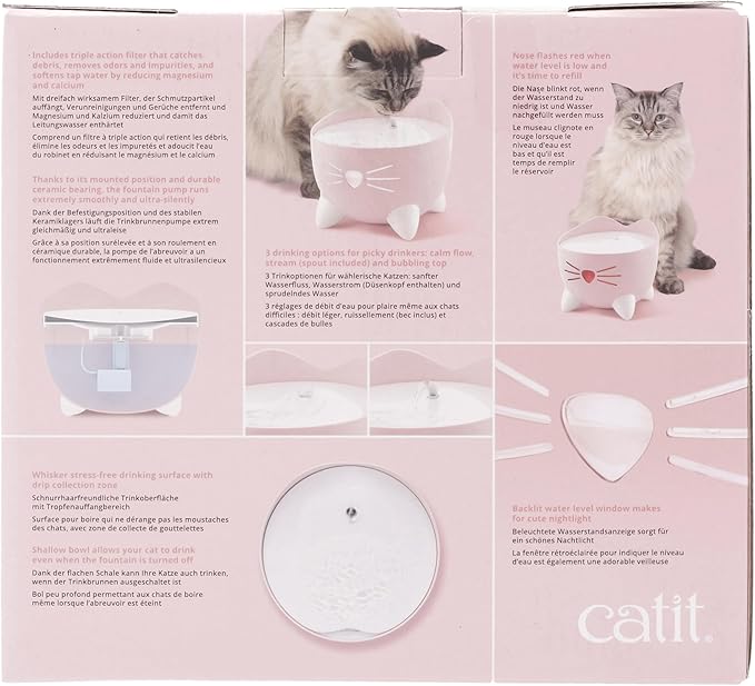 Catit PIXI Drinking Fountain – Cat Water Fountain with Triple Filter and Ergonomic Drinking Options, Pink
