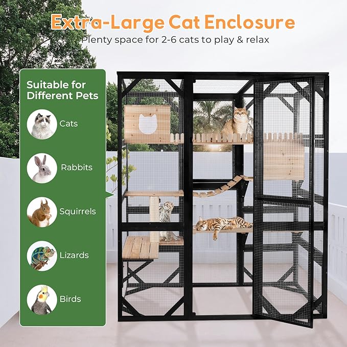 Catio Enclosure Outdoor Wooden Cat House for Multiple Cats Walk in Cage Window Access with Sunlight Friendly Weather-Proof PVC Roof
