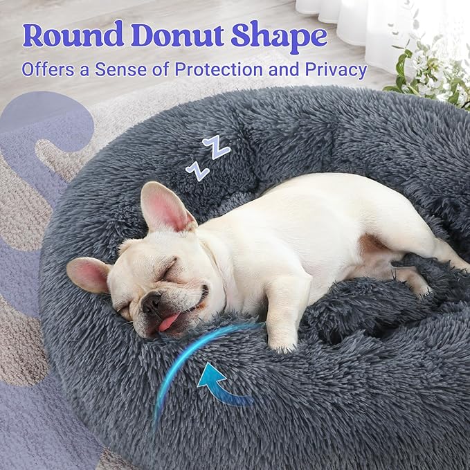 rabbitgoo Calming Dog Bed for Small Medium, 27 inches Pet Bed Machine Washable, Non-Slip Round Fluffy Plush Faux Fur, Soft Donut Cuddler Cushion for Small Dogs, Dark Grey