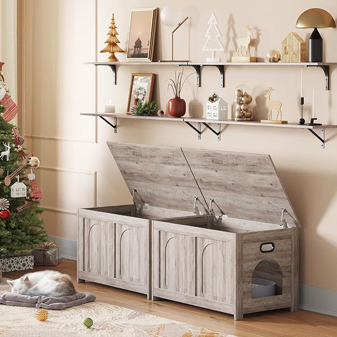 DINZI LVJ Cat Litter Box Enclosure, Flip Top Litter Box Furniture, Farmhouse Hidden Cat Washroom, Wooden Pet House, End Side Table, 31.5" L x 19.7" W x 19.7" H, Sturdy and Easy to Assemble, Greige