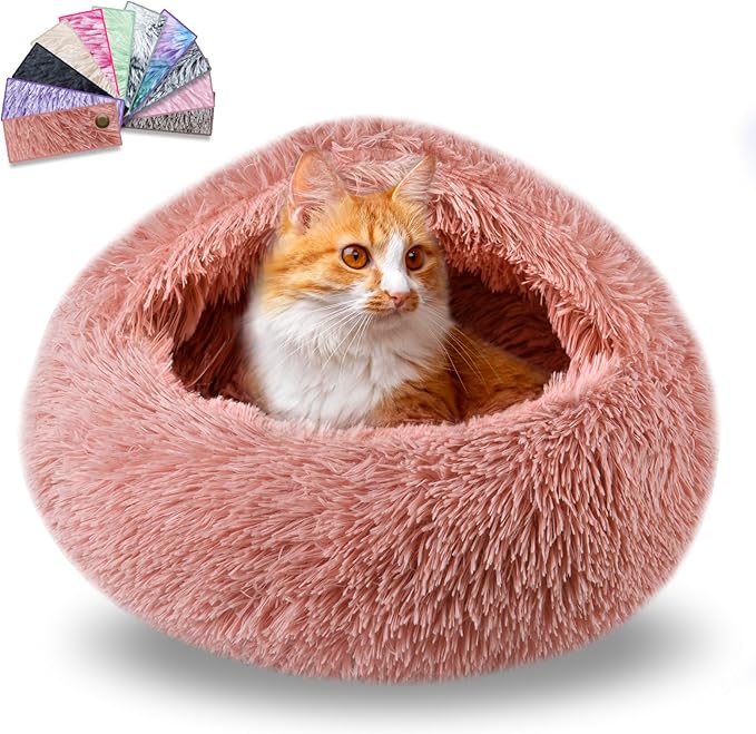 Cat Beds for Indoor Cats,Cat Cave for Puppy and Kitty,Calming Small Dog Bed for Small Dogs with Cover Cave,Cozy Warming Fluffy Washable Anti-Slip Pet Sleeping Bag(20 * 20inch,Leather Pink)