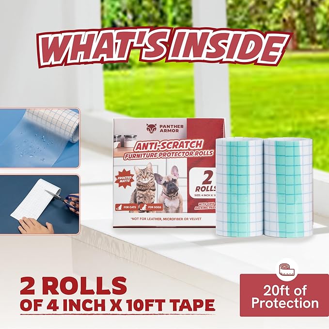 Panther Armor Frosted Matte Cat Scratch Tape for Furniture, Couch Protector, Single Side Sticky Tape for Pets to Stop Scratching, 4 in x 10ft, No Pins Required, Corner Protection