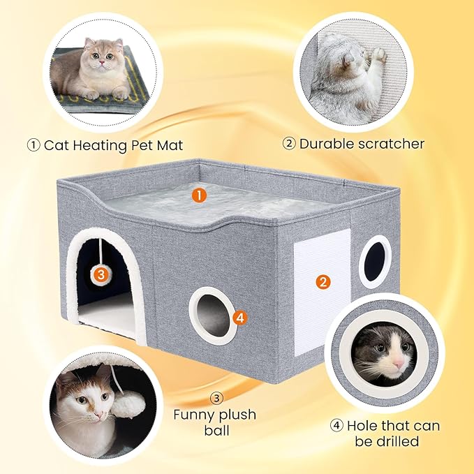 Indoor Heated Cat House, Adjustable Temperature Cat Heating Bed with Timer and Chew Resistant Cord, Large Cat House with Heating Pad for Small Medium and Large Cats